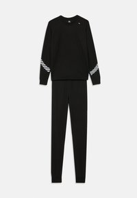 Black long-sleeve top and pants set with white diagonal stripes on forearms, ribbed cuffs, and round neckline, laid flat on white background.