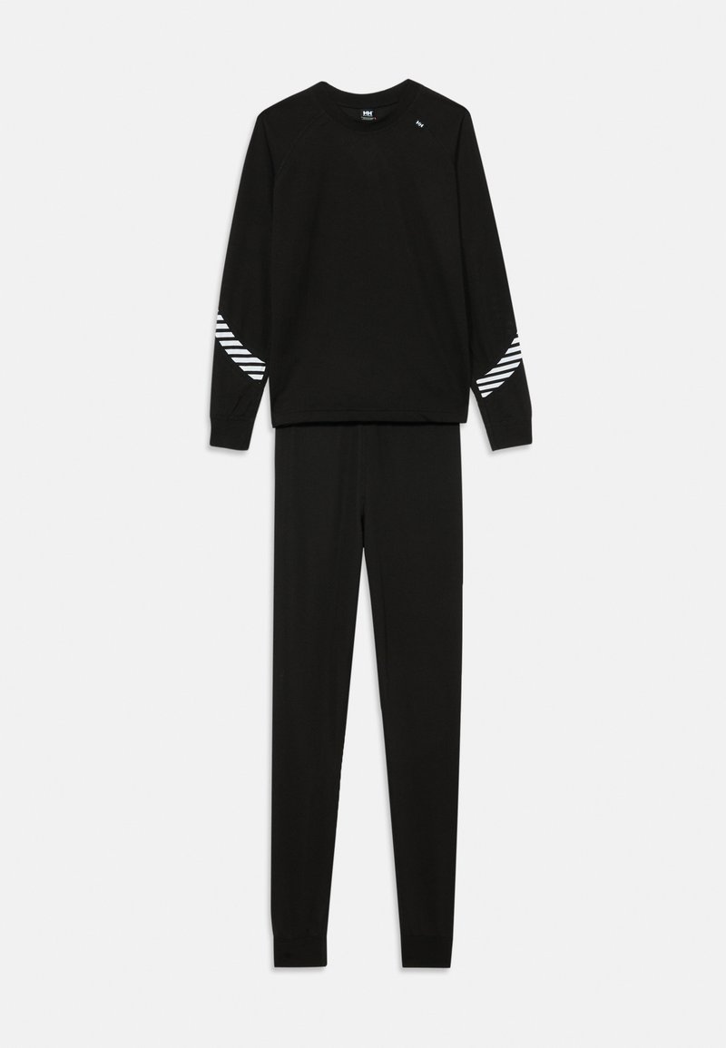 Black long-sleeve top and pants set with white diagonal stripes on forearms, ribbed cuffs, and round neckline, laid flat on white background.