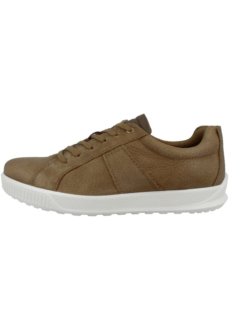 Braune Ledersneaker mit strukturiertem Finish, Schnürverschluss, weißer Gummisohle und seitlichen Details. Verfügt über ein rundes Zehendesign.