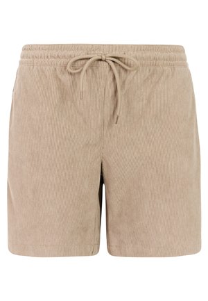Beige corduroy korte broek met elastische tailleband en trekkoord, knielengte en casual stijl.