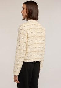 Tekstuuri-jacket kerge kreemjas värvitoonis, millel on horisontaalsed kudumise triibud, lühendatud disain ja pikad varrukad. Omab purustatud servasid ja otsekeskkonda.