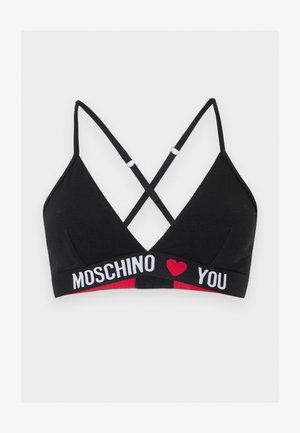 Svart bralette med kryssede justerbare stropper og elastisk bånd med «MOSCHINO» og «YOU» med et rødt hjertesymbol i mellom.