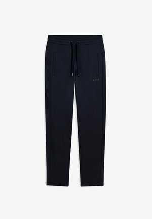 Pantalones jogger negros con cintura elástica, cordón ajustable, bolsillos laterales y pequeño logo en la parte superior del muslo izquierdo.