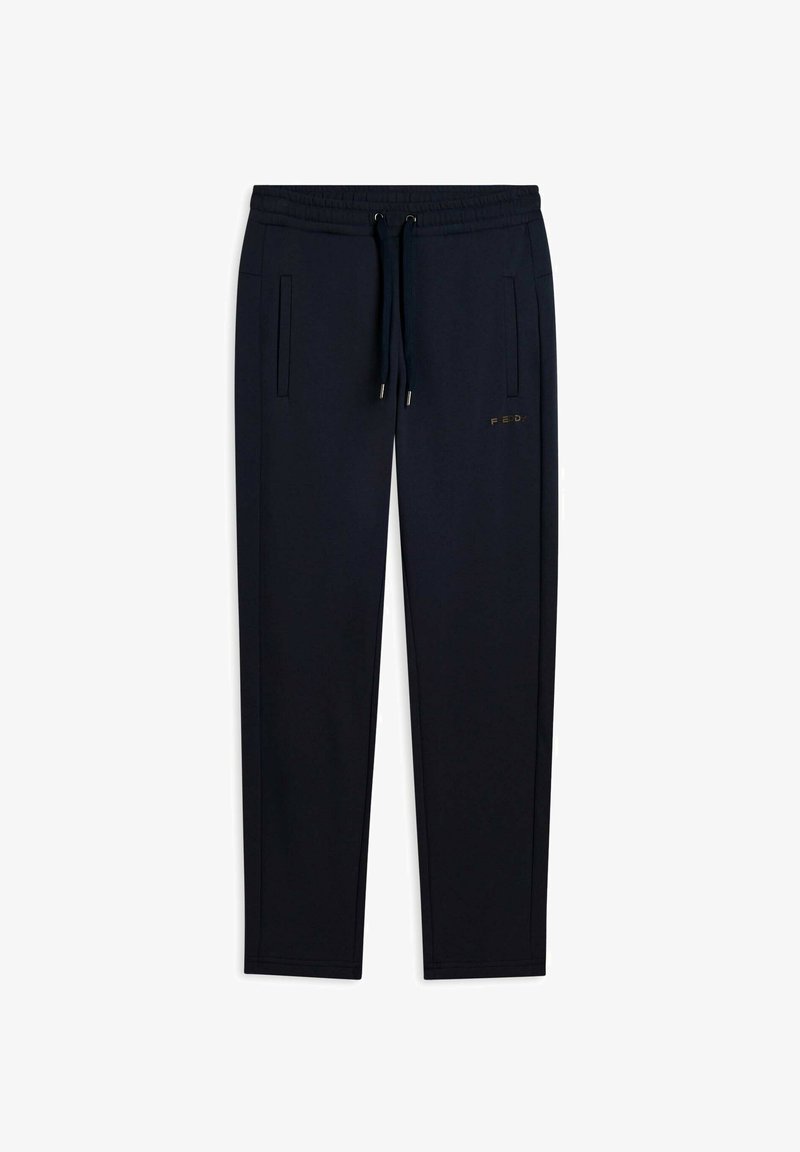 Pantaloni jogger neri con cintura elastica, cordino, tasche laterali e piccolo logo sulla coscia sinistra.
