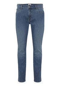 Jeans de mezclilla azul ajustados con una textura suave, diseño de cinco bolsillos, lazos para cinturón y costuras en contraste. Presentan un cierre de cremallera y botón.