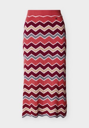 Neulottu midi-hame siksakkuviivakuvioin korallin, viininpunaisen, beigen ja harmaan sävyissä, jossa on istuva vyötärönauha ja aaltoileva helma.