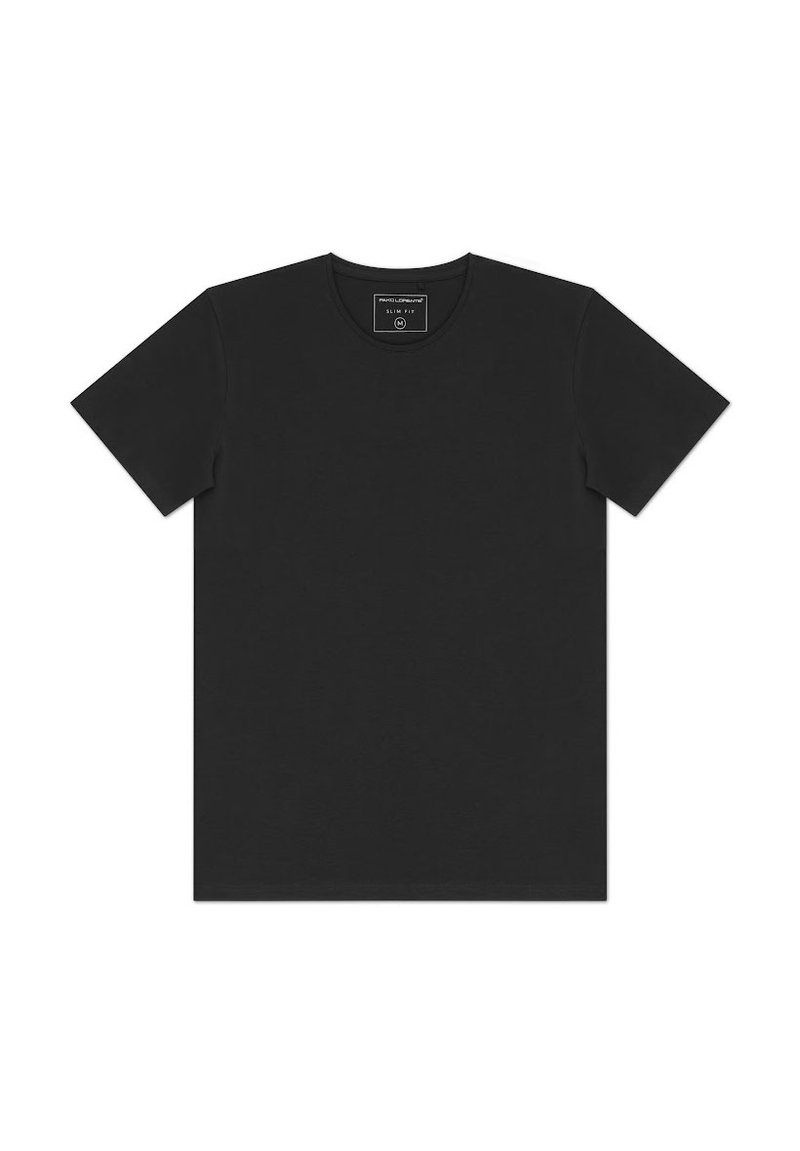 Czarny t-shirt z krótkim rękawem wykonany z lekkiego materiału. Posiada okrągły dekolt oraz prosty, klasyczny krój bez widocznych wzorów czy nadruków.