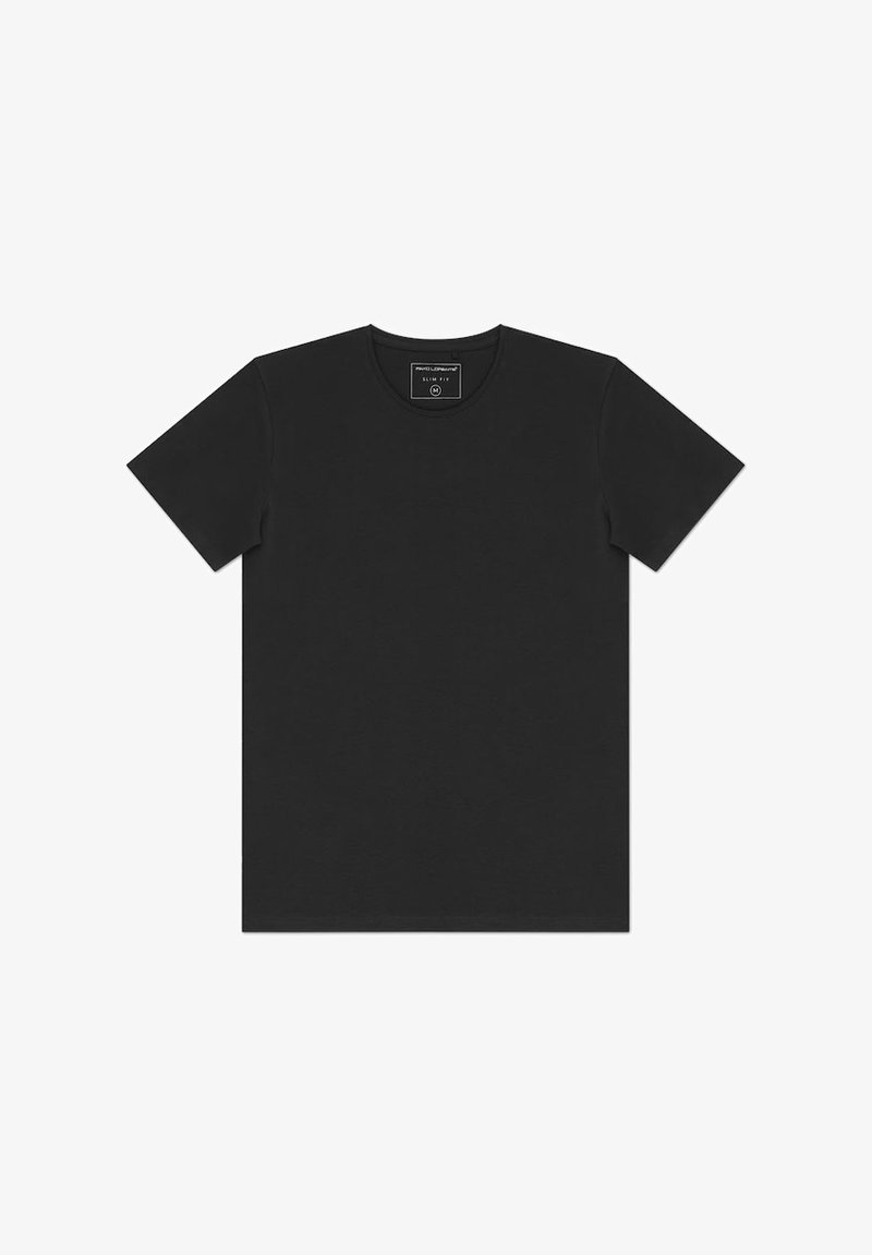 Czarny t-shirt z krótkim rękawem wykonany z lekkiego materiału. Posiada okrągły dekolt oraz prosty, klasyczny krój bez widocznych wzorów czy nadruków.