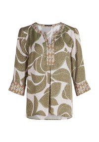 Groene en beige gebloemde blouse met driekwart mouwen, v-hals en textuur van bladontwerpen op een lichtgewicht stof.