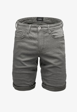 Gray denim shorts with rolled cuffs, featuring five pockets and a button closure, labeled "Humy" on the waistband. Smooth texture.