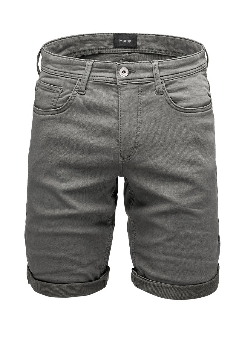 Gray denim shorts with rolled cuffs, featuring five pockets and a button closure, labeled "Humy" on the waistband. Smooth texture.