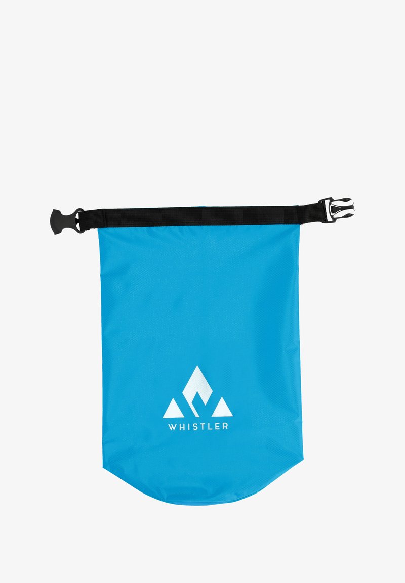 Sininen vesitiivis laukku, jossa on musta hihna tietyssä yläosassa soljella ja valkoinen logo kolmesta vuoresta sanan "WHISTLER" yläpuolella.