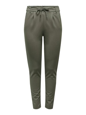 Olive green tapered pants with elastic waistband and drawstring, side pockets, and front pleats, displayed on a white background.