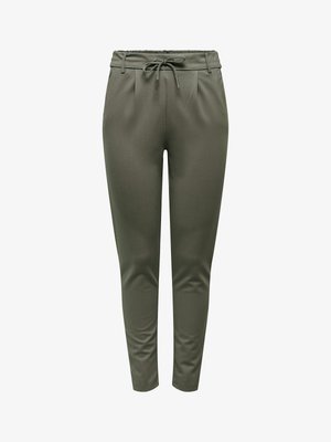 Pantalon fuselé vert olive avec taille élastique et cordon, poches sur les côtés et plis à l'avant, présenté sur un fond blanc.