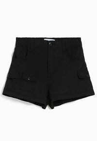 Černé bavlněné cargo šortky s knoflíkovým zapínáním a klopovými kapsami na obou stranách, vybavené poutky na opasek a elastickými částmi v pase.