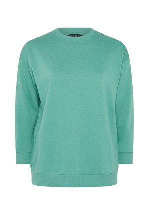 Sudadera de cuello redondo de color verde menta con mangas largas y puños y dobladillo acanalados, presentada sobre un fondo blanco liso.