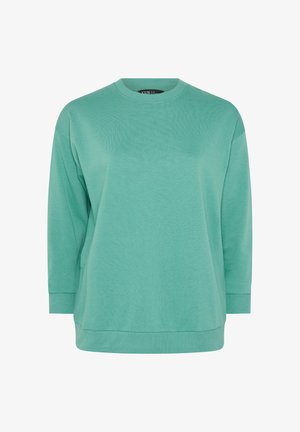 Sudadera de cuello redondo de color verde menta con mangas largas y puños y dobladillo acanalados, presentada sobre un fondo blanco liso.