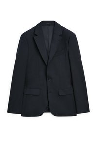 Granatowa marynarka o dopasowanym kroju, z klapami notch, pojedynczym zapięciem na guzik, dwoma przednimi kieszeniami oraz gładką fakturą, o minimalistycznym wzornictwie.