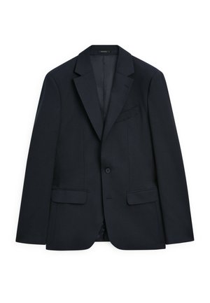 Navy tailored blazer featuring a notch lapel, single button closure, two front pockets, and smooth texture, with a minimalist design.