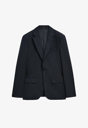 Marineblauwe op maat gemaakte blazer met een notch revers, enkelsluiting, twee voorkruiszakken en een soepele textuur, met een minimalistisch ontwerp.