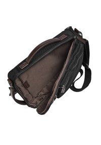 Sac à bandoulière en toile noire avec des accents en cuir marron, doté d'une ouverture zippée et d'un intérieur spacieux au tissu lisse.
