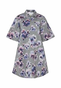 Kvetinové polo šaty v šedej farbe s fialovými a ružovými kvetmi. Majú predný polozips a krátke rukávy. Mäkká tkanina s pohodlným strihom.