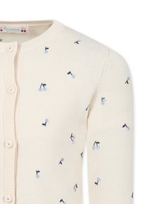 Cardigan di colore crema chiaro con fiori blu ricamati e steli neri, caratterizzato da un collo rotondo, chiusura con bottoni e polsini a coste.