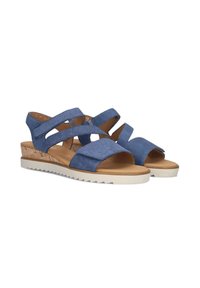 Blauwe stoffen sandalen met kruislings gespen, kurken wiggenhak en witte rubberen buitenzool. Open teen ontwerp en gevoerde binnenzool voor comfort.