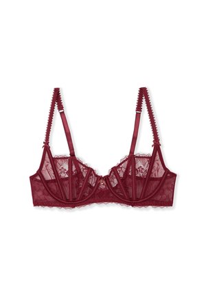 Bordeauxkleurige kanten bh met doorschijnende cups, gestructureerde naden, satijnen bandjes en geschulpte randen. Het midden voor heeft een klein decoratief accent.