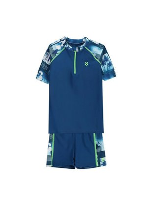 Granatowy krótki rękaw koszulki do pływania i komplet szortów z tropikalnym nadrukiem na rękawach i bokach, z limonkowym suwakiem i przeszyciami.