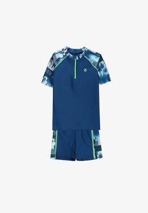 Granatowy krótki rękaw koszulki do pływania i komplet szortów z tropikalnym nadrukiem na rękawach i bokach, z limonkowym suwakiem i przeszyciami.