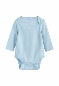 Ljusblå långärmad babybody i mjuk bomull, med en liten broderad nalle på bröstet och tryckknappar i nederkant.