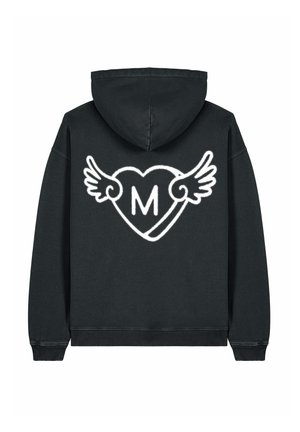 Sweat-shirt à capuche noir avec un cœur blanc aux ailes et la lettre "M" à l'intérieur. Tissu doux et poignets côtelés.