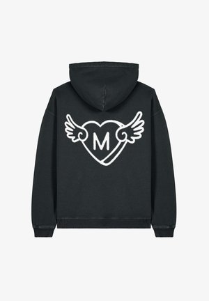 Felpa nera con cappuccio che presenta un cuore bianco con ali e la lettera "M" all'interno. Tessuto morbido e polsini a costine.