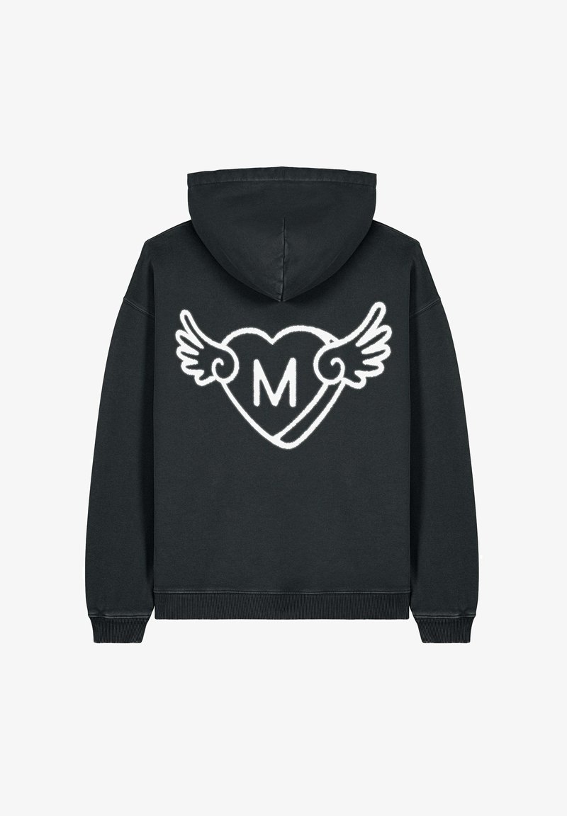 Sweat-shirt à capuche noir avec un cœur blanc aux ailes et la lettre "M" à l'intérieur. Tissu doux et poignets côtelés.