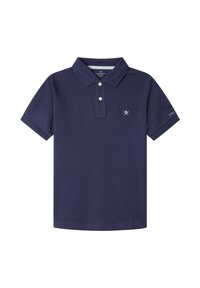 Granatowa koszulka polo wykonana z teksturowanej tkaniny, z kołnierzykiem, trzema guzikami oraz małym logo na lewej piersi i rękawie.