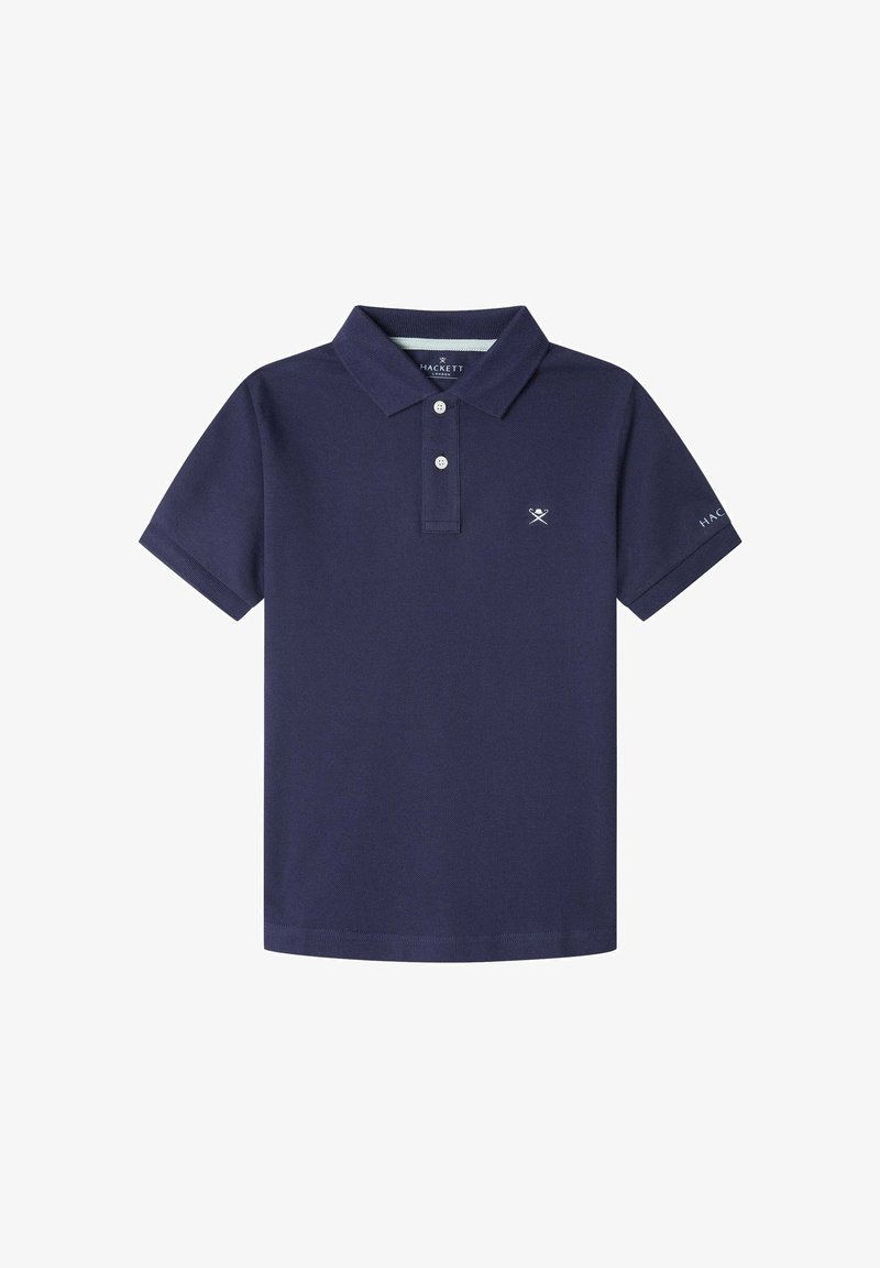 Dunkelblaues Poloshirt aus strukturiertem Stoff, mit kragenlichem Ausschnitt, einer Drei-Knopf-Leiste und einem kleinen Logo auf der linken Brust und dem Ärmel.