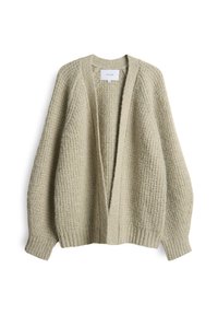 Lichtgrijze gebreide cardigan met een gestructureerde weefsel, open voorkant en verlaagde schouders. Heeft ribgebreide manchetten en zoom voor extra stevigheid.