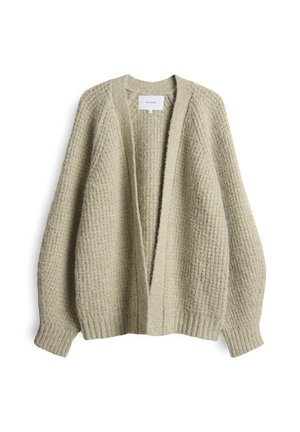 Lichtgrijze gebreide cardigan met een gestructureerde weefsel, open voorkant en verlaagde schouders. Heeft ribgebreide manchetten en zoom voor extra stevigheid.