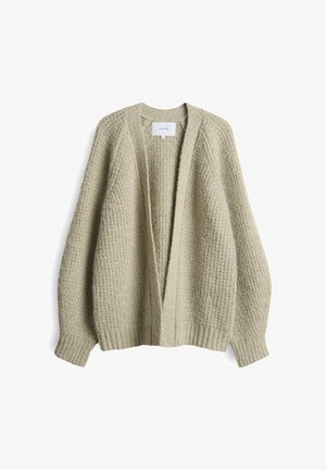 Hellgraue gestrickte Strickjacke mit strukturiertem Gewebe, offener Vorderseite und überschnittenen Schultern. Mit gerippten Bündchen und Saum für zusätzliche Stabilität.