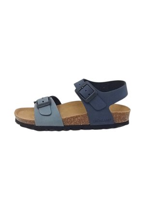 Sandali a due fasce blu e blu chiaro con fibbie regolabili, soletta in sughero e suola in gomma nera texturizzata. Nome del brand sul lato.