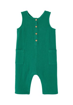 Ärmelloser grüner Baby-Strampler mit vier vorderen Holzknöpfen und zwei quadratischen Taschen aus strukturiertem Stoff.