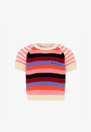 Pull en maille à manches courtes avec rayures horizontales en rose, orange, rouge, violet, noir et crème, doté d'un col rond et du logo Marni.