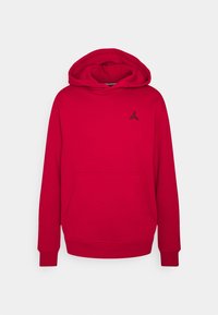 Felpa rossa con cappuccio realizzata in misto cotone con tasca a marsupio. Presenta polsini a costine, cappuccio con coulisse e un piccolo logo nero sul petto.