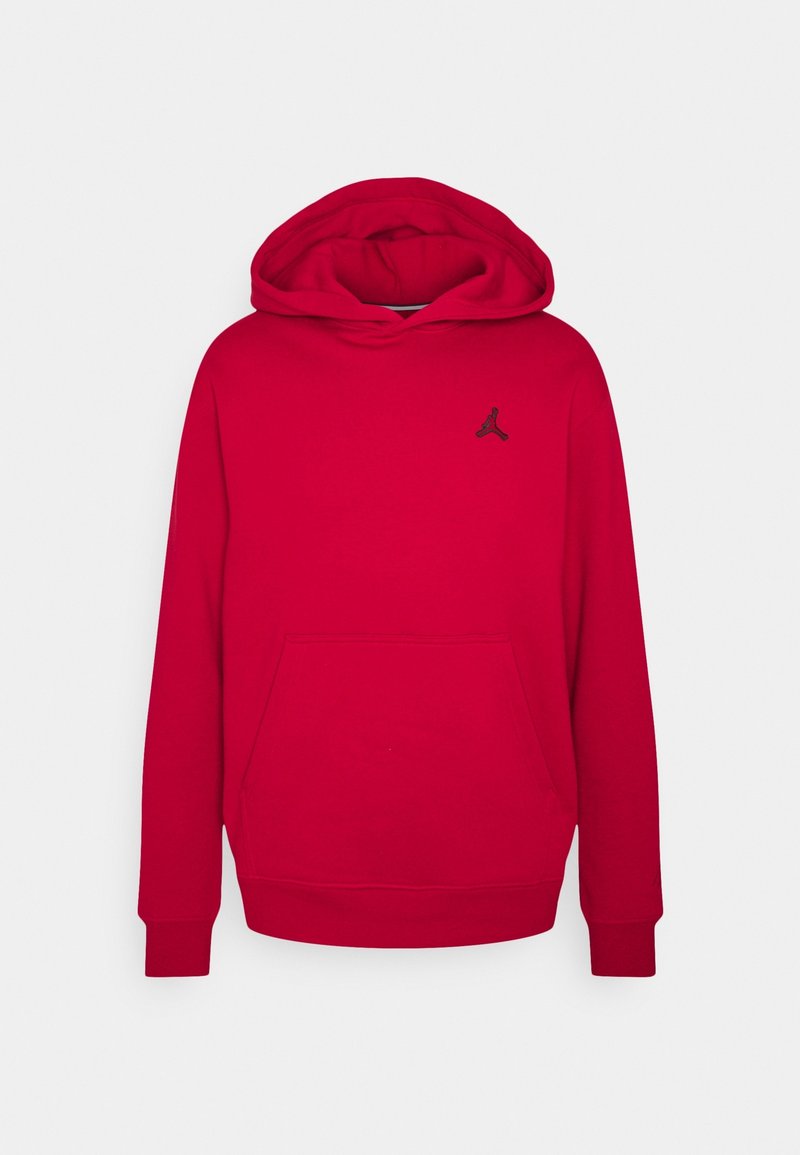 Felpa rossa con cappuccio realizzata in misto cotone con tasca a marsupio. Presenta polsini a costine, cappuccio con coulisse e un piccolo logo nero sul petto.