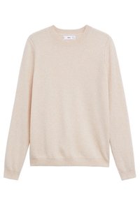 Beige gestrickter Pullover, Rundhalsausschnitt, lange Ärmel, gerippte Bündchen und Saum. Glatte Textur, minimalistisches Design, keine Muster oder Verzierungen.