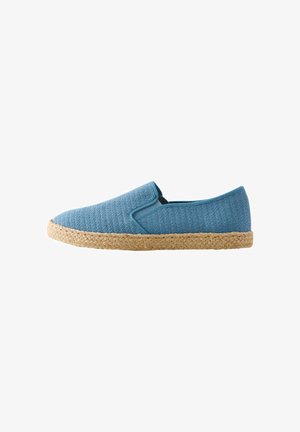 Blue slip-on espadrille with textured fabric upper and braided jute sole, viewed from the side on a white background.