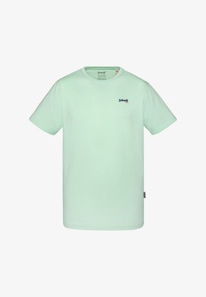 T-shirt in cotone verde menta con collo tondo e maniche corte. Presenta un piccolo logo blu scuro sul petto. Tessuto liscio, vestibilità comoda.