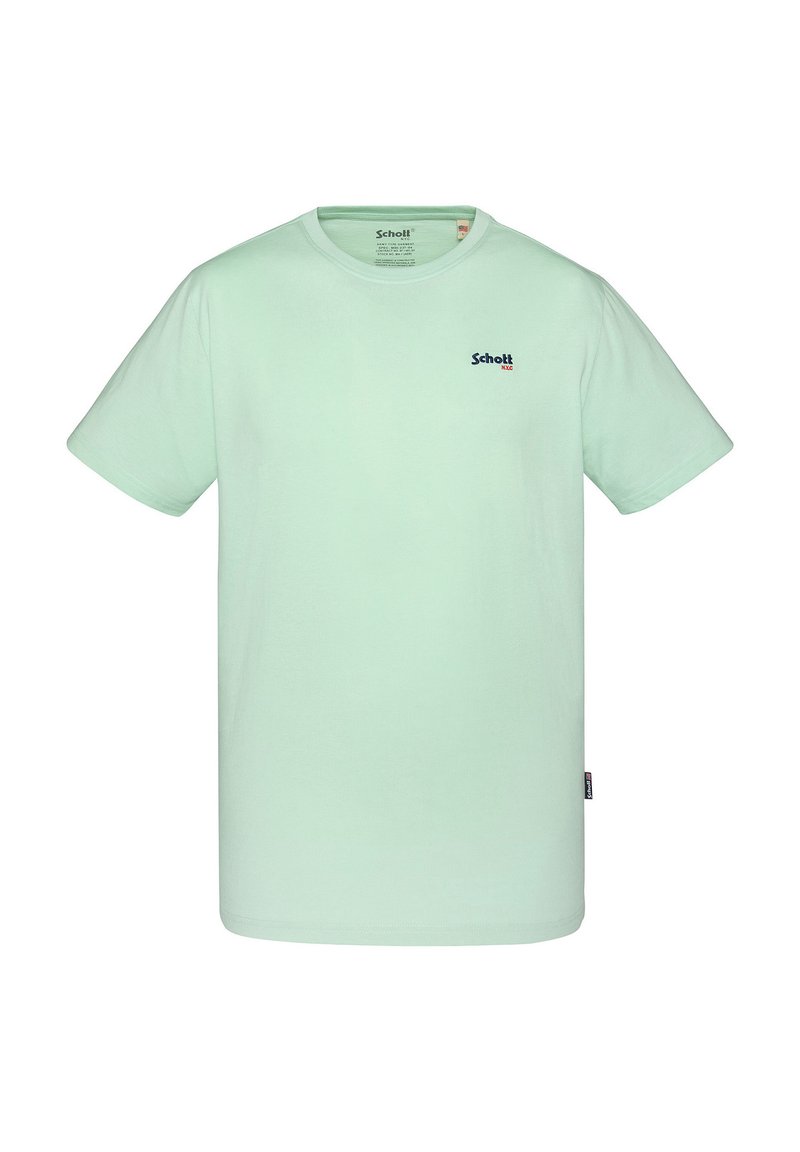 T-shirt in cotone verde menta con collo tondo e maniche corte. Presenta un piccolo logo blu scuro sul petto. Tessuto liscio, vestibilità comoda.