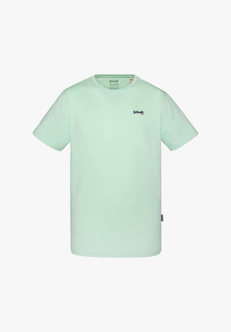 T-shirt in cotone verde menta con collo tondo e maniche corte. Presenta un piccolo logo blu scuro sul petto. Tessuto liscio, vestibilità comoda.